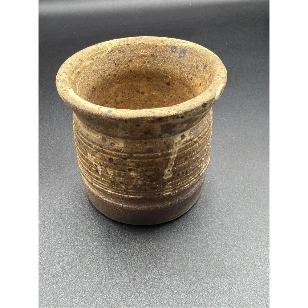 VTG Studio Pottery Small Vase Crock Brown Speckled Stoneware Rustic 3 1/2 In